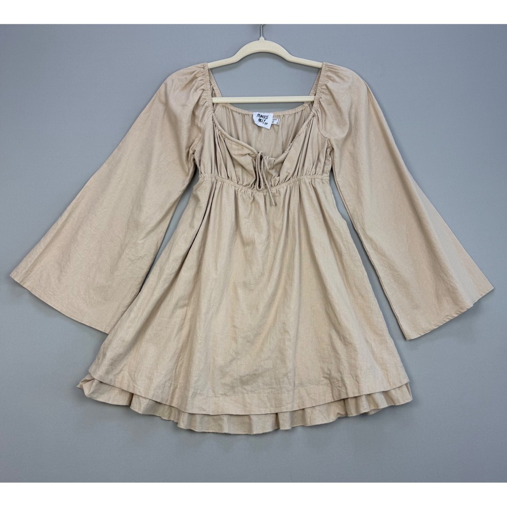 Princess Polly Ren Faire Boho Mini Dress Cotton Linen Bell Sleeve Empire Waist 4